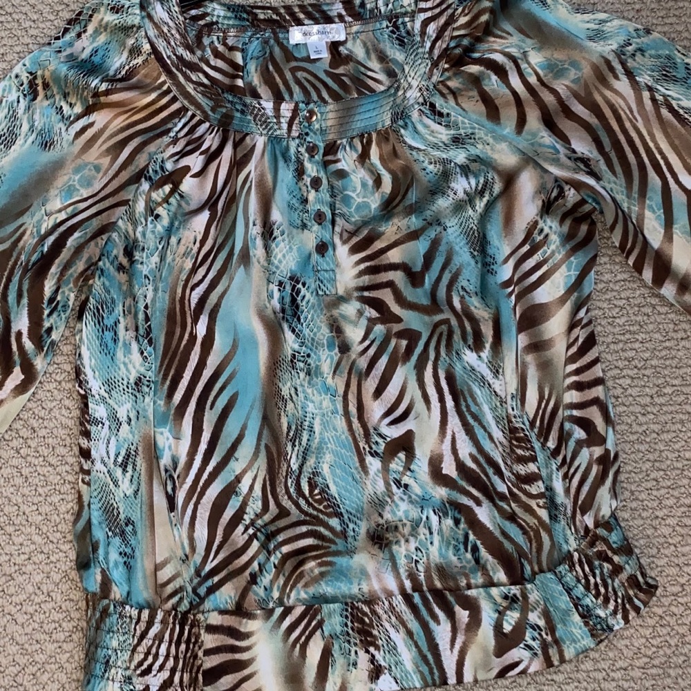 Patterned blue, brown, and white top